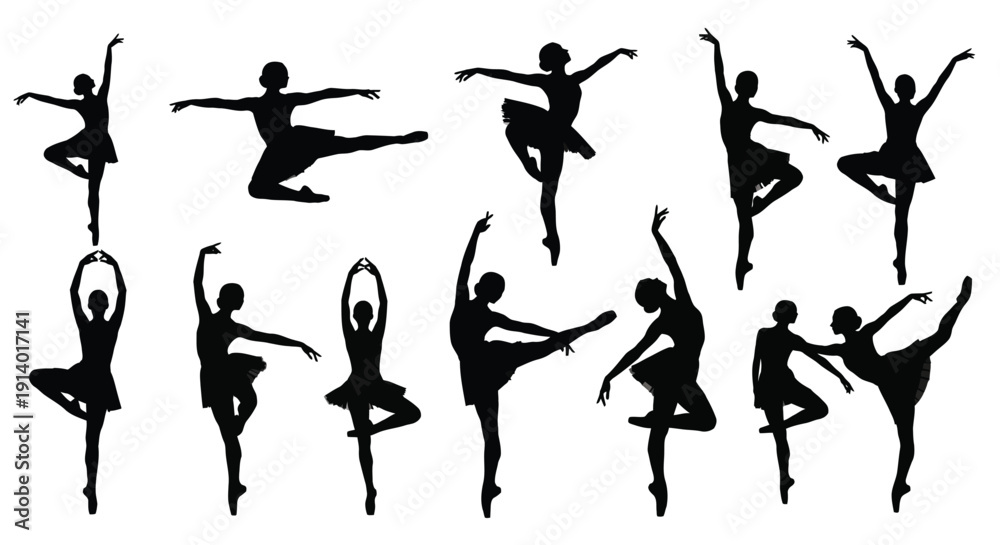 Fototapeta premium Collection of various black silhouette illustrations depicting ballerinas performing different graceful dance poses and movements