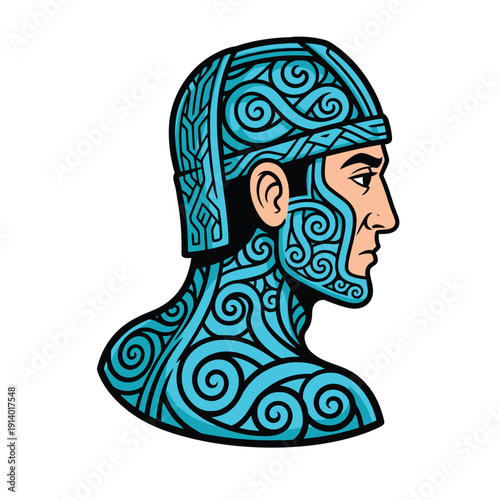 Stylized Celtic Warrior Head Profile Vector Icon. Blue Intricate Knotwork Armor Design Illustration on White Background.