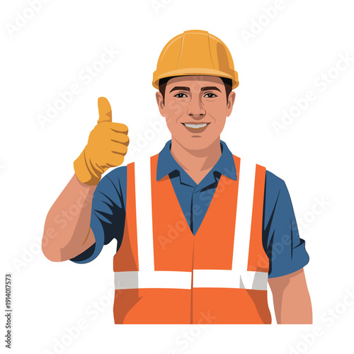 Smiling construction worker giving thumbs up in safety gear