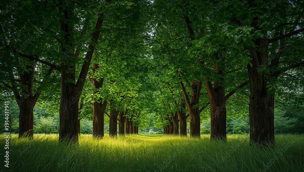 Fototapeta premium 幹の影から葉の光へそして空へ続く緑の帯が季節を告げる