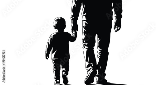 Father and small child walking together holding hands in a powerful black and white silhouette style illustration