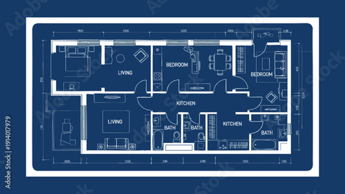 Technical Architectural Blueprint of a Modern Three Bedroom Apartment Featuring Labeled Rooms White Line Art Floor Plan and Detailed Dimensions on a Blue Background