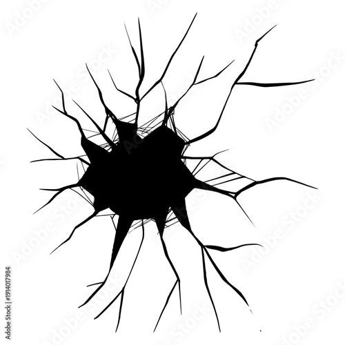 Realistic Glass Crack Hole Silhouette. Black Minimalist Vector Illustration of Broken Window or Shattered Surface.