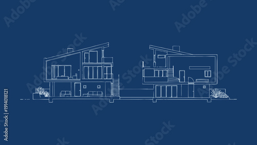 Technical Architectural Blueprint Showing Side View Structural Cross Section of Two Modern Multi Story Houses with Slanted Roofs and Interior Layouts on a Blue Background