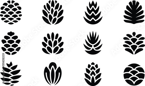 An assortment of twelve different black pine cone and hop plant silhouettes displayed against a pure white backdrop