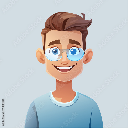 Friendly young man cartoon character with modern glasses and a happy smile, perfect for avatars or profile pictures