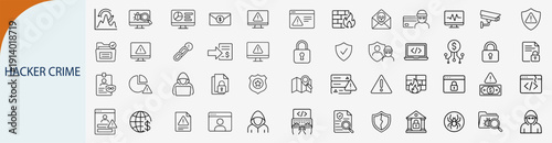 Hacker crime and cyber security icons set, outline symbols for data breach network protection phishing malware attack and computer safety vector illustration