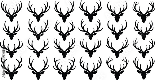 Array of elegant black deer heads featuring majestic antlers against a plain white backdrop