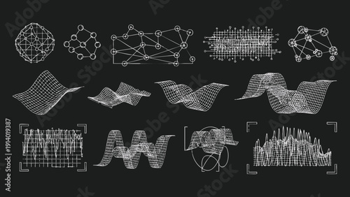 Set of Scientific HUD Elements Featuring White Hand Drawn Line Art of Topographic Wireframe Grids Mathematical Signal Waveforms and Molecular Connection Plots on a Black Background