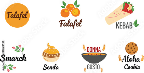 Food logo badges and restaurant labels set. Falafel, kebab, cookie and bakery branding elements. Vintage typography vector collection.