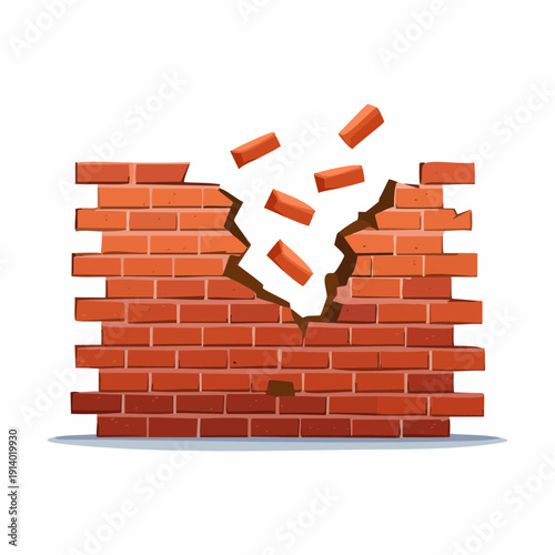 Dynamic illustration of a sturdy brick wall shattering into pieces, symbolizing overcoming obstacles and breakthrough concepts