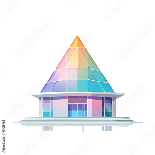 Modern architectural marvel with a multi-colored glass pyramid roof