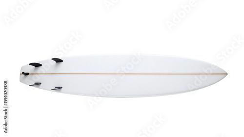 Isolated surfboard with five fins on white background, showcasing design and hydrodynamics for surfing enthusiasts