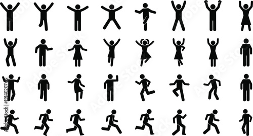 Black stick figure icon set showing people in various poses like running walking jumping and dancing as a silhouette collection for infographic design element