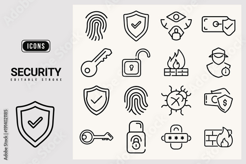 Collection of various security icons in editable stroke style