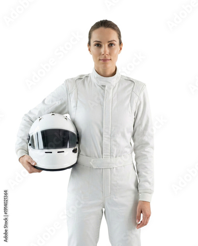 Professional Female Race Car Driver in Sleek White Protective Suit Holding Matching White Helmet under Arm with Determined Neutral Expression