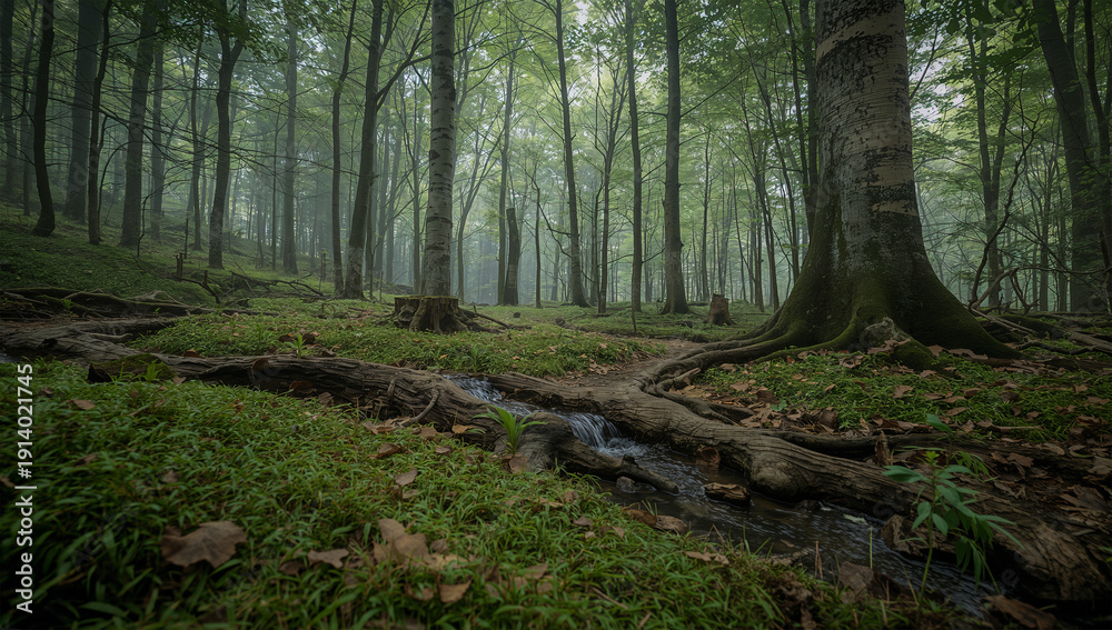 Obraz premium ブナの若葉と滑らかな幹が連なる新緑の森の昼下がり