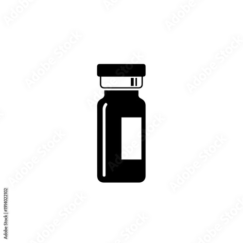 Small bottle with a black cap and white label shown in minimalist black and white