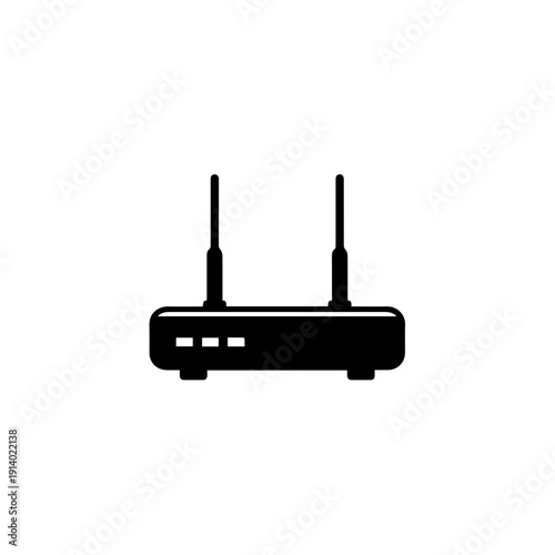 A black wireless router with two antennas standing upright