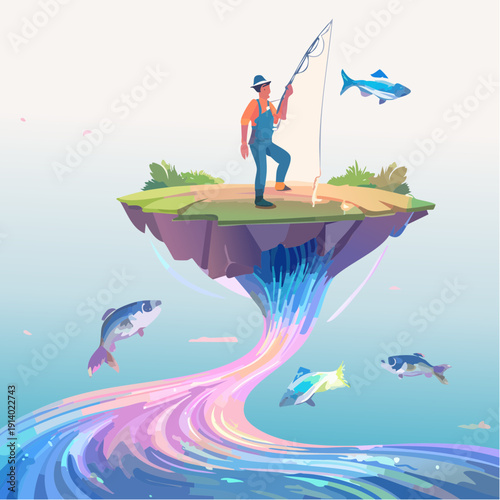 A man fishing on a floating island with colorful water and fish swimming around