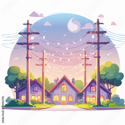 Cozy neighborhood street comes alive at dusk with warm glowing windows and overhead power lines under a gentle crescent moonlit sky