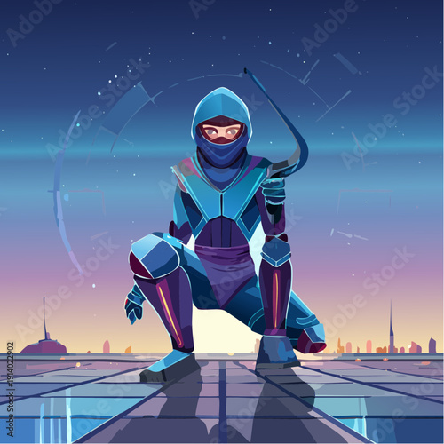 Futuristic ninja warrior crouching on a rooftop with a city skyline in the background