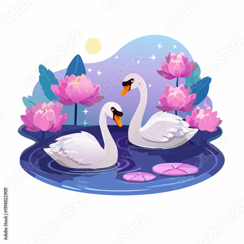 Two graceful swans glide serenely among blooming lotus flowers on a tranquil moonlit pond, embodying peaceful love and natural harmony