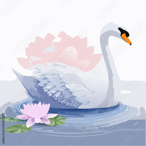 Serene swan swims peacefully amidst blooming lotus blossoms, reflecting tranquility and natural beauty