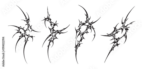 Cyber Sigilism Vector Ornaments. Gothic Neo-Tribal Tattoo Art with Futuristic Linework. Black Abstract Occult Symbols and Edgy Cyberpunk Patterns for Modern Streetwear and Clothing Brand Design.