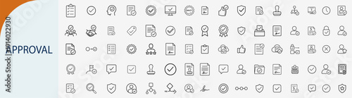 Approval and confirmation icons set, outline symbols for checkmark agreement verified certificate compliant and business success vector illustration