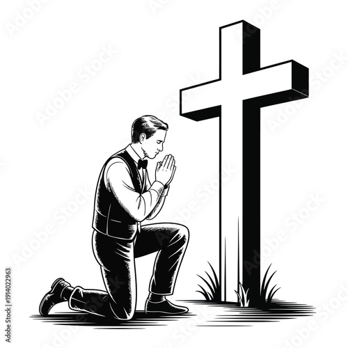 A man in a suit kneels in prayer before a large christian cross