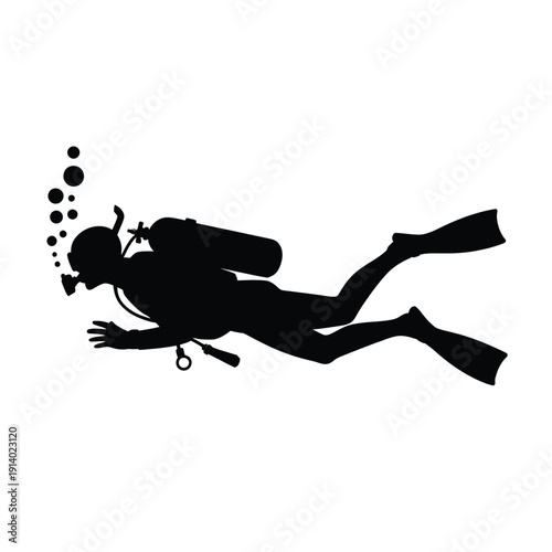 Silhouette of a scuba diver swimming underwater with bubbles rising