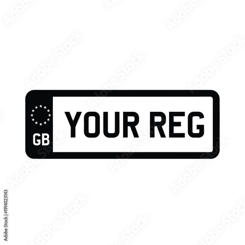 Vector illustration icon black and white license plate template with gb flag and text your reg