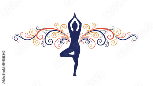 Dark silhouette of a person in a yoga tree pose with colorful swirling ornate wing-like patterns extending from their back on a clean white background.