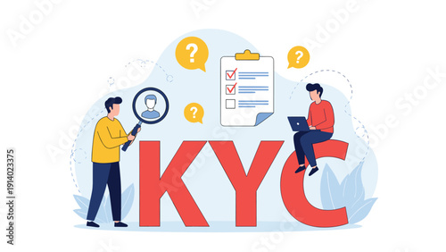 Professional team working around large red kyc letters using a magnifying glass and a laptop to verify user profiles and complete a security checklist.
