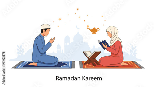 Muslim couple performing religious prayers and reading Quran during holy month of Ramadan with mosque silhouette in background.