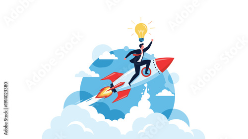 Ambitious businessman sitting on flying rocket with glowing lightbulb representing successful innovation and startup growth.