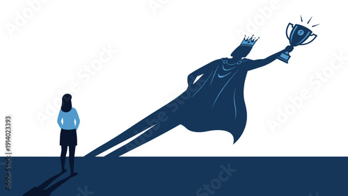 Confident woman standing with a shadow that portrays her as a heroic winner wearing a crown and holding a trophy.