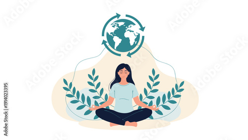 Peaceful woman meditating in nature with a recycling world globe icon symbolizing sustainable lifestyle and environmental health.