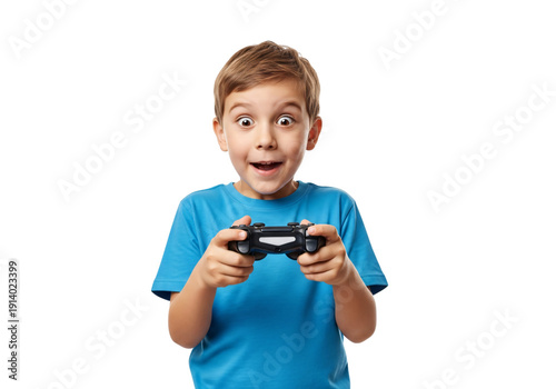 Young boy enthusiastically playing video game with controller in hands. isolated on transparent background