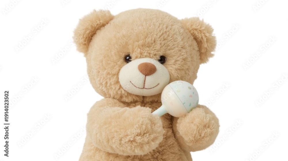 Fototapeta premium Soft and cuddly teddy bear holding a pacifier with sweet expression on white background