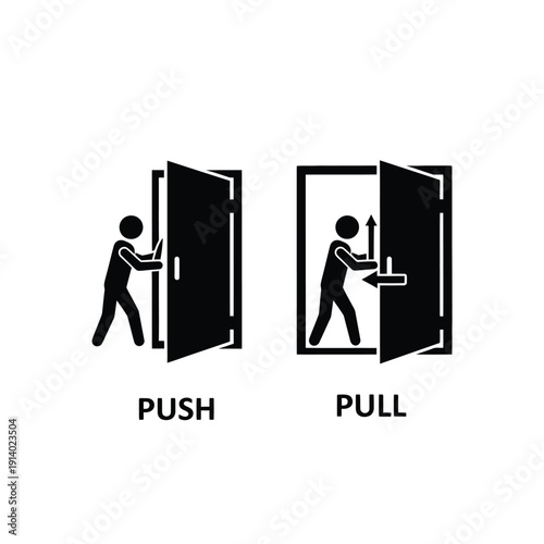Vector illustration icon simple black and white graphic showing push and pull door instructions for users