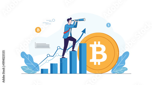 Visionary investor using telescope on rising bar chart next to large bitcoin coin to predict cryptocurrency market trends.