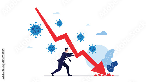 Man struggling to stop a sharp economic decline represented by a falling red arrow graph during global virus pandemic.