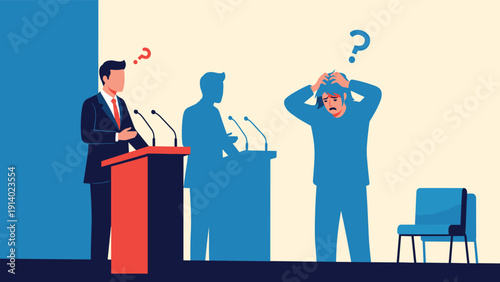 Public speaker standing at podium while his shadow reveals inner anxiety and self-doubt during a presentation.