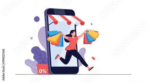 Happy woman with colorful shopping bags jumping out of large smartphone screen representing mobile e-commerce success.