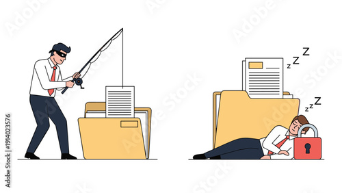 Digital thief fishing for sensitive documents from an open folder while a tired employee sleeps next to a secure file.