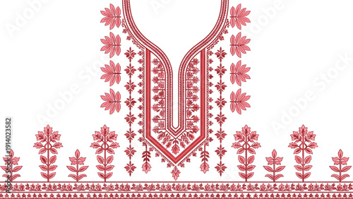 Elegant pink floral embroidery design for garment neckline and border featuring delicate botanical motifs and geometric lines.