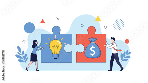 Man and woman connecting two large jigsaw puzzle pieces featuring a lightbulb and a money bag to represent a successful business partnership.