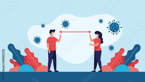 Man and woman wearing face masks and maintaining social distance to prevent the spread of virus during a pandemic with virus cells background.